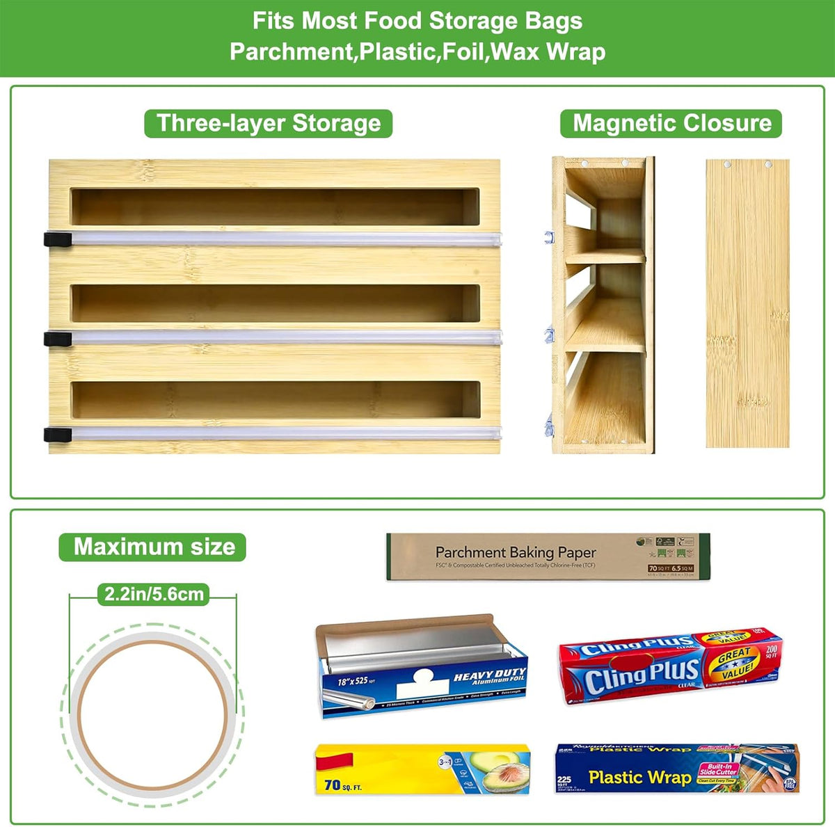 Magnetic Plastic Wrap Dispenser with Cutter, Refrigerator Bamboo Organizer for Tin Foil, Baking Paper, Wax Paper Holder Kitchen Storage Box Compatible