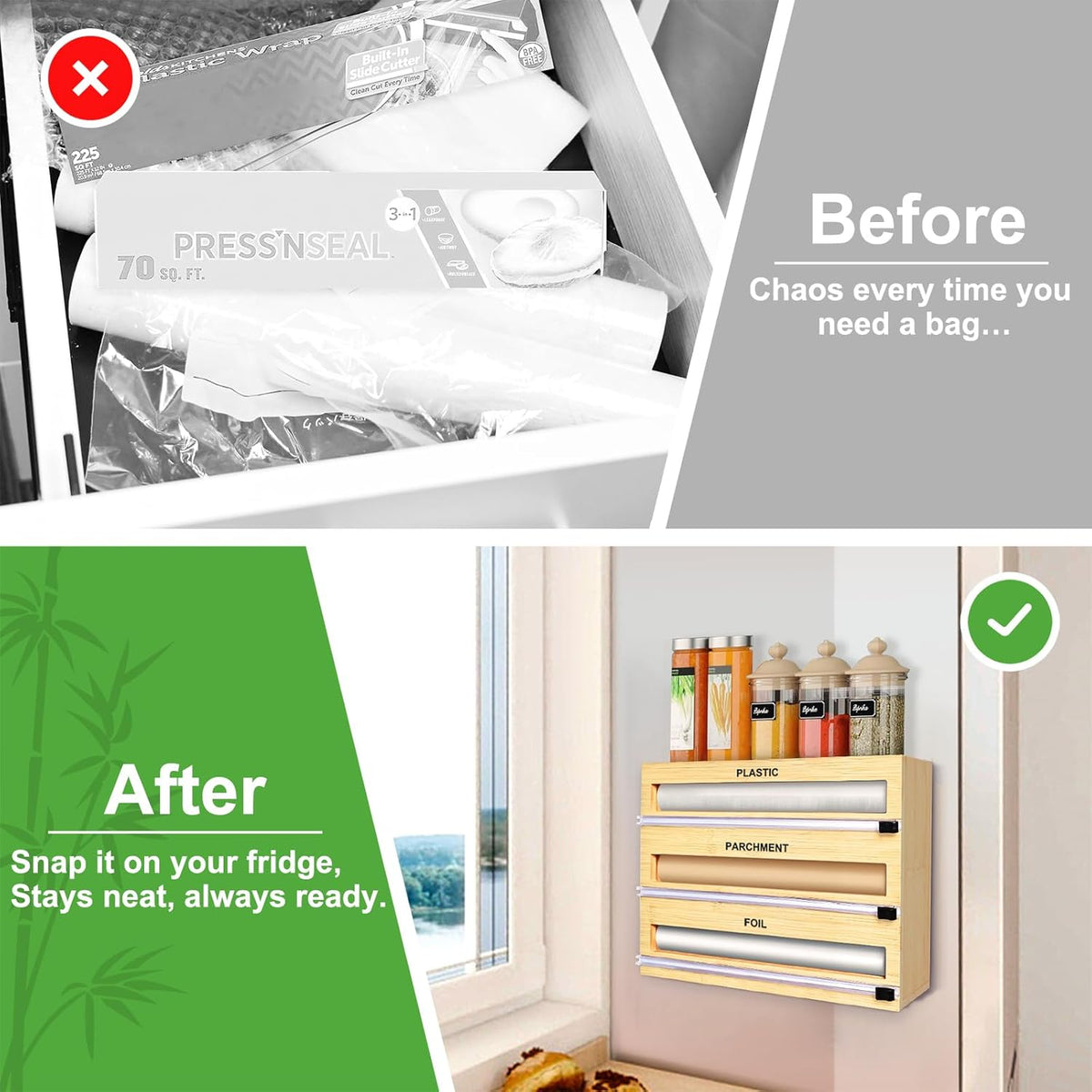 Magnetic Plastic Wrap Dispenser with Cutter, Refrigerator Bamboo Organizer for Tin Foil, Baking Paper, Wax Paper Holder Kitchen Storage Box Compatible