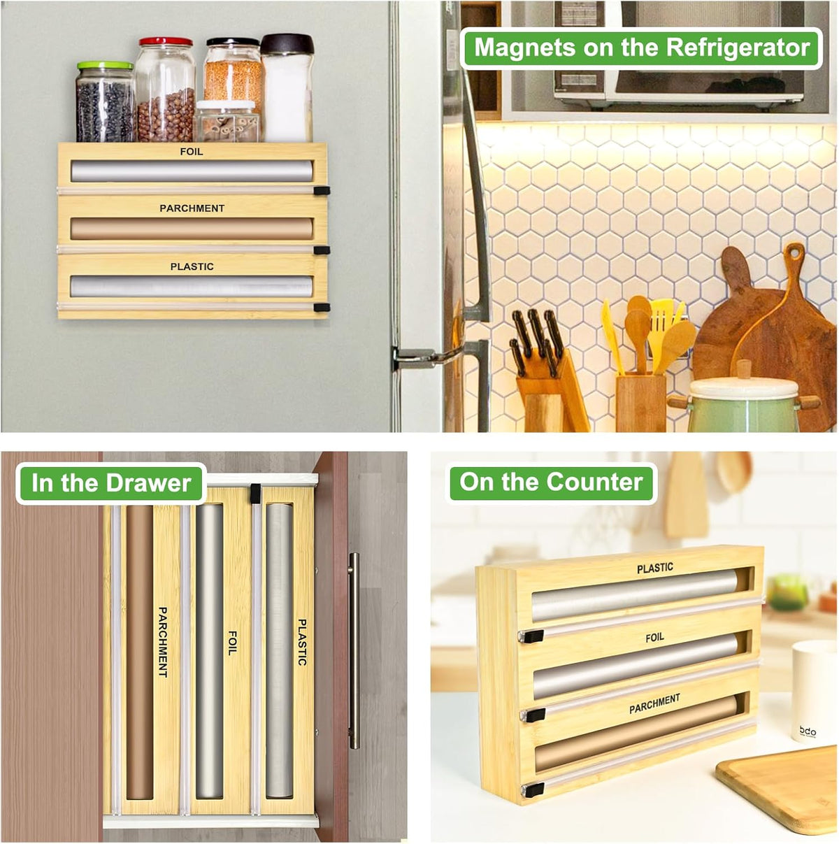 Magnetic Plastic Wrap Dispenser with Cutter, Refrigerator Bamboo Organizer for Tin Foil, Baking Paper, Wax Paper Holder Kitchen Storage Box Compatible
