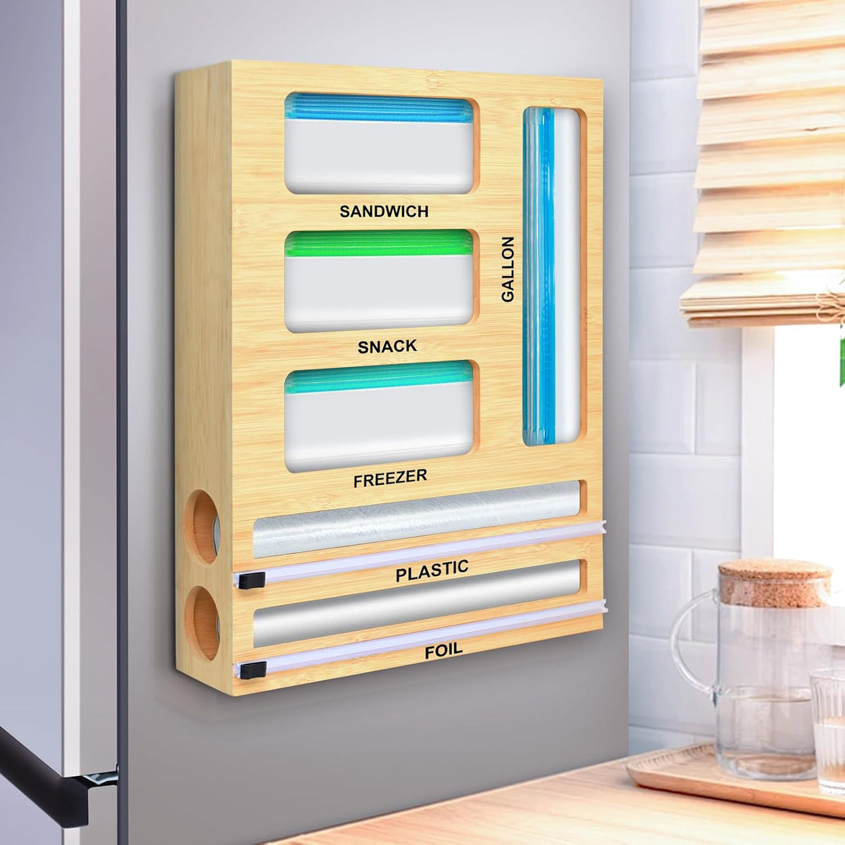Magnetic Plastic Wrap Dispenser with Cutter, Refrigerator Bamboo Organizer for Tin Foil, Baking Paper, Wax Paper Holder Kitchen Storage Box Compatible