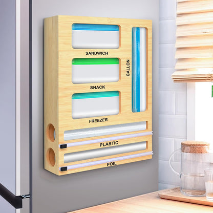 Magnetic Plastic Wrap Dispenser with Cutter, Refrigerator Bamboo Organizer for Tin Foil, Baking Paper, Wax Paper Holder Kitchen Storage Box Compatible