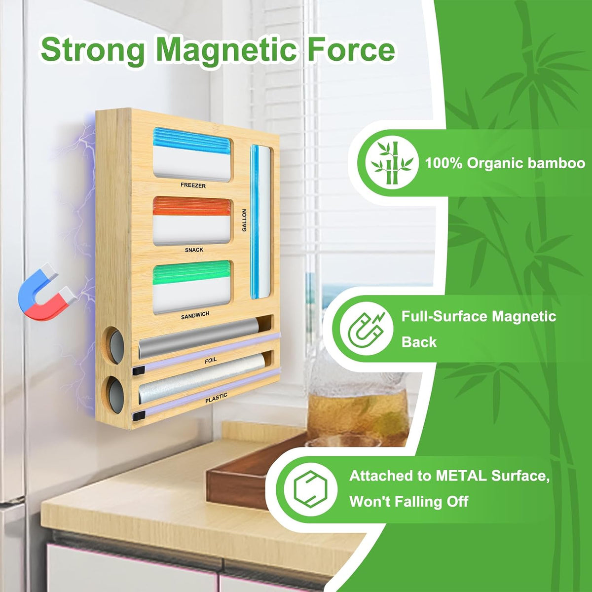 Magnetic Plastic Wrap Dispenser with Cutter, Refrigerator Bamboo Organizer for Tin Foil, Baking Paper, Wax Paper Holder Kitchen Storage Box Compatible