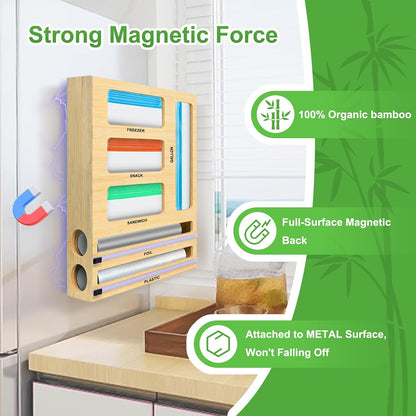 Magnetic Plastic Wrap Dispenser with Cutter, Refrigerator Bamboo Organizer for Tin Foil, Baking Paper, Wax Paper Holder Kitchen Storage Box Compatible
