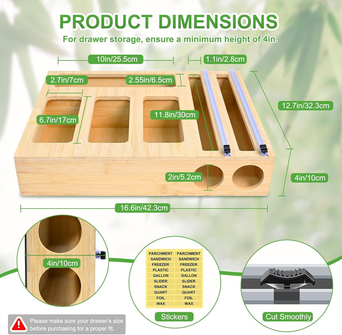 Magnetic Plastic Wrap Dispenser with Cutter, Refrigerator Bamboo Organizer for Tin Foil, Baking Paper, Wax Paper Holder Kitchen Storage Box Compatible