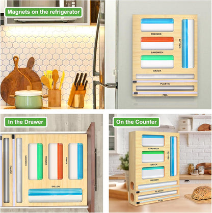 Magnetic Plastic Wrap Dispenser with Cutter, Refrigerator Bamboo Organizer for Tin Foil, Baking Paper, Wax Paper Holder Kitchen Storage Box Compatible