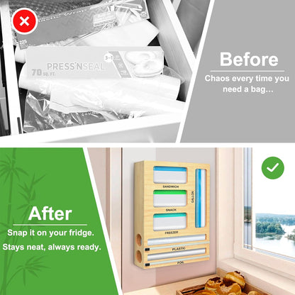 Magnetic Plastic Wrap Dispenser with Cutter, Refrigerator Bamboo Organizer for Tin Foil, Baking Paper, Wax Paper Holder Kitchen Storage Box Compatible