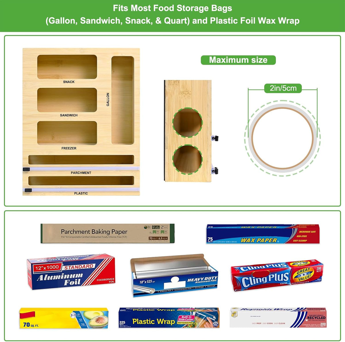 Magnetic Plastic Wrap Dispenser with Cutter, Refrigerator Bamboo Organizer for Tin Foil, Baking Paper, Wax Paper Holder Kitchen Storage Box Compatible