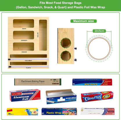 Magnetic Plastic Wrap Dispenser with Cutter, Refrigerator Bamboo Organizer for Tin Foil, Baking Paper, Wax Paper Holder Kitchen Storage Box Compatible