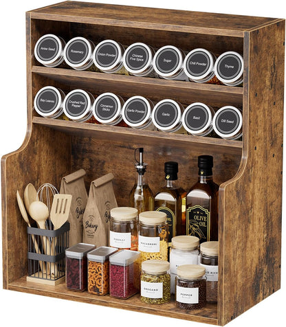 Spice Rack Organizer, 3 Tire Wood Kitchen Counter Spice Rack, Large Counter Seasoning Organizer Storage Shelf for Pantry, Kitchen, 7” W × 14.3” H, Brown