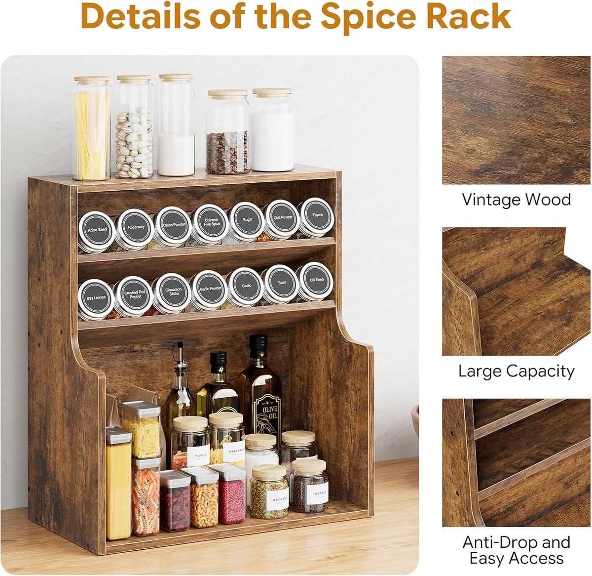Spice Rack Organizer, 3 Tire Wood Kitchen Counter Spice Rack, Large Counter Seasoning Organizer Storage Shelf for Pantry, Kitchen, 7” W × 14.3” H, Brown