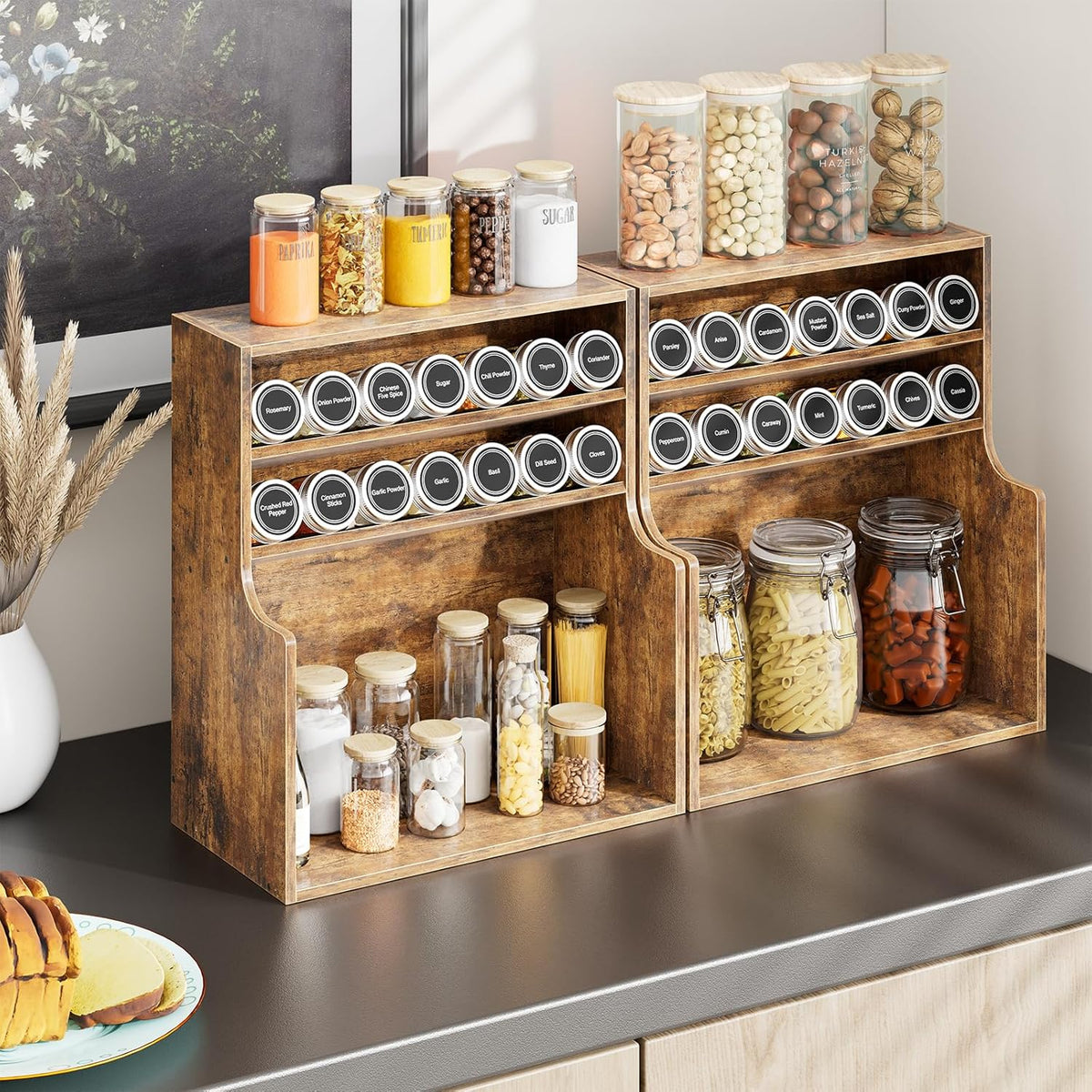 Spice Rack Organizer, 3 Tire Wood Kitchen Counter Spice Rack, Large Counter Seasoning Organizer Storage Shelf for Pantry, Kitchen, 7” W × 14.3” H, Brown
