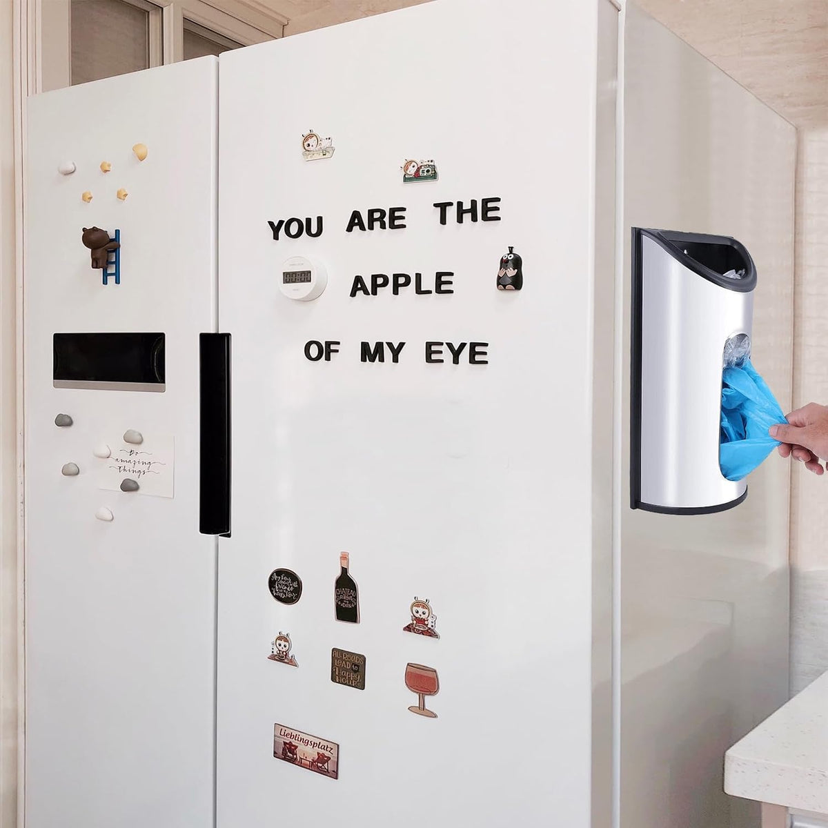 Magnetic Wall Mounted Trash Bag Holder, Grocery Bag Holder Stainless Steel Kitchen Trash Bag Organizer Anti-Fingerprints Magnet and Scraw for Kitchen Garage Barn Storage Room
