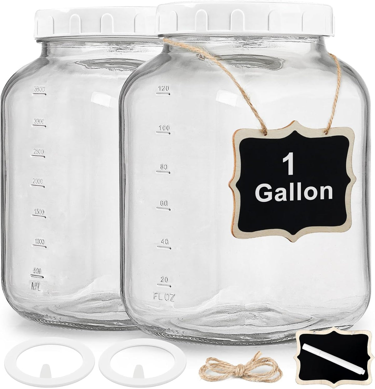 2 Pack Wide Mouth 1 Gallon Clear Glass Jar with Lid, Heavy Duty Airtight Screw Lid with Silicone Gasket - Large Mason Jar with 2 Scale Mark for Fermenting Kombucha and Storing Food(Extra 2 Gaskets)