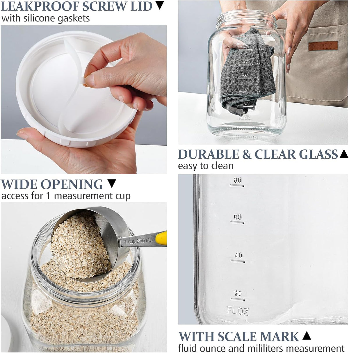 2 Pack Wide Mouth 1 Gallon Clear Glass Jar with Lid, Heavy Duty Airtight Screw Lid with Silicone Gasket - Large Mason Jar with 2 Scale Mark for Fermenting Kombucha and Storing Food(Extra 2 Gaskets)