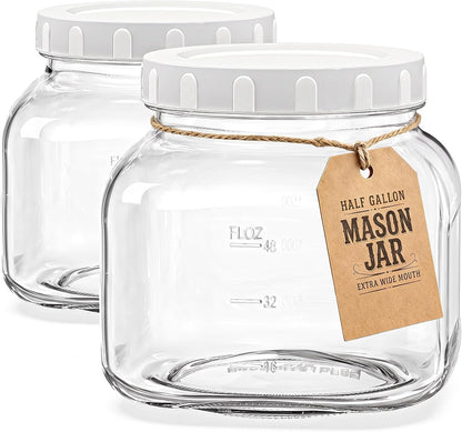 2 Pack Wide Mouth 1 Gallon Clear Glass Jar with Lid, Heavy Duty Airtight Screw Lid with Silicone Gasket - Large Mason Jar with 2 Scale Mark for Fermenting Kombucha and Storing Food(Extra 2 Gaskets)