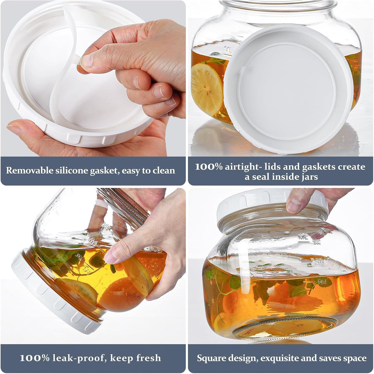 2 Pack Wide Mouth 1 Gallon Clear Glass Jar with Lid, Heavy Duty Airtight Screw Lid with Silicone Gasket - Large Mason Jar with 2 Scale Mark for Fermenting Kombucha and Storing Food(Extra 2 Gaskets)