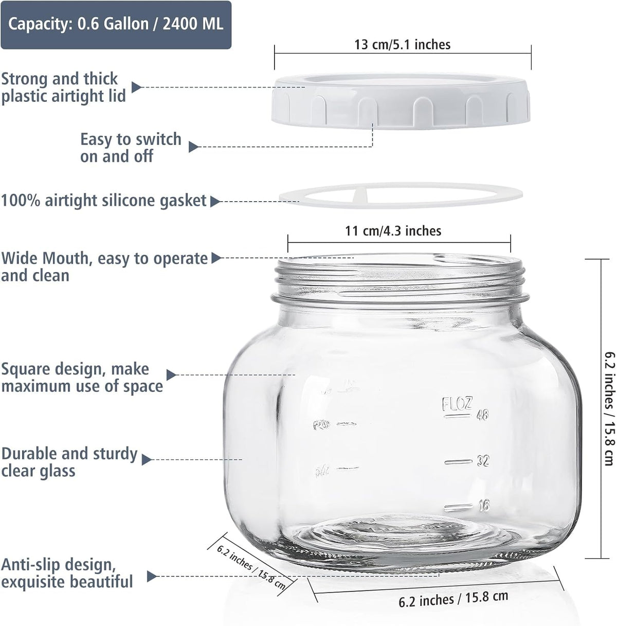 2 Pack Wide Mouth 1 Gallon Clear Glass Jar with Lid, Heavy Duty Airtight Screw Lid with Silicone Gasket - Large Mason Jar with 2 Scale Mark for Fermenting Kombucha and Storing Food(Extra 2 Gaskets)