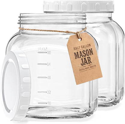 2 Pack Wide Mouth 1 Gallon Clear Glass Jar with Lid, Heavy Duty Airtight Screw Lid with Silicone Gasket - Large Mason Jar with 2 Scale Mark for Fermenting Kombucha and Storing Food(Extra 2 Gaskets)