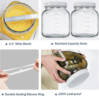 2 Pack Wide Mouth 1 Gallon Clear Glass Jar with Lid, Heavy Duty Airtight Screw Lid with Silicone Gasket - Large Mason Jar with 2 Scale Mark for Fermenting Kombucha and Storing Food(Extra 2 Gaskets)