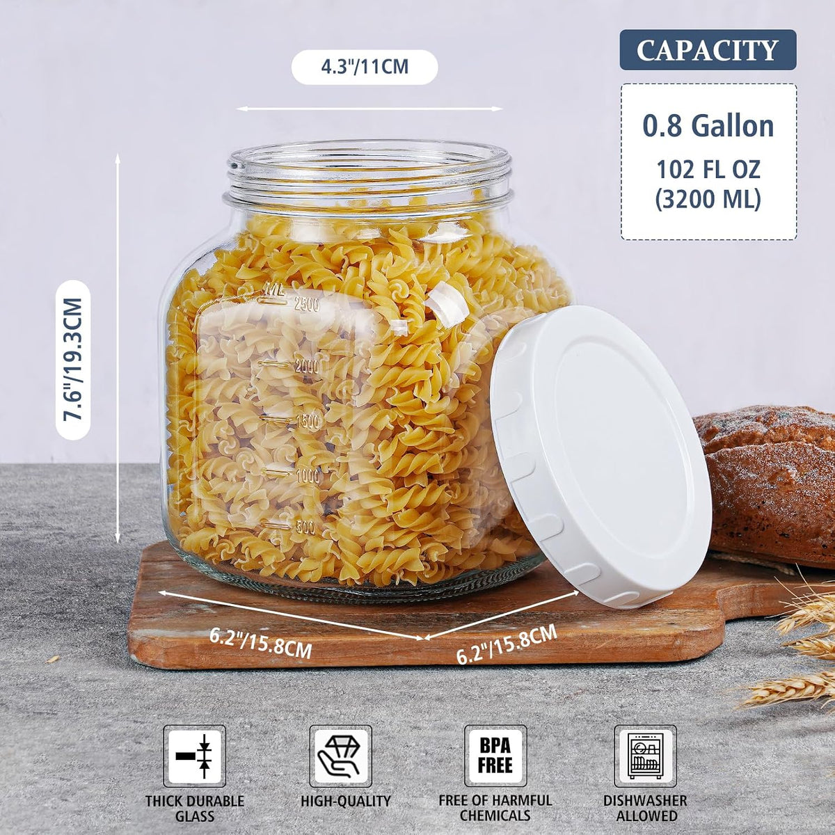 2 Pack Wide Mouth 1 Gallon Clear Glass Jar with Lid, Heavy Duty Airtight Screw Lid with Silicone Gasket - Large Mason Jar with 2 Scale Mark for Fermenting Kombucha and Storing Food(Extra 2 Gaskets)