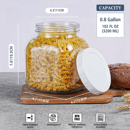 2 Pack Wide Mouth 1 Gallon Clear Glass Jar with Lid, Heavy Duty Airtight Screw Lid with Silicone Gasket - Large Mason Jar with 2 Scale Mark for Fermenting Kombucha and Storing Food(Extra 2 Gaskets)