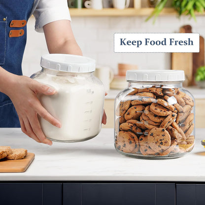 2 Pack Wide Mouth 1 Gallon Clear Glass Jar with Lid, Heavy Duty Airtight Screw Lid with Silicone Gasket - Large Mason Jar with 2 Scale Mark for Fermenting Kombucha and Storing Food(Extra 2 Gaskets)