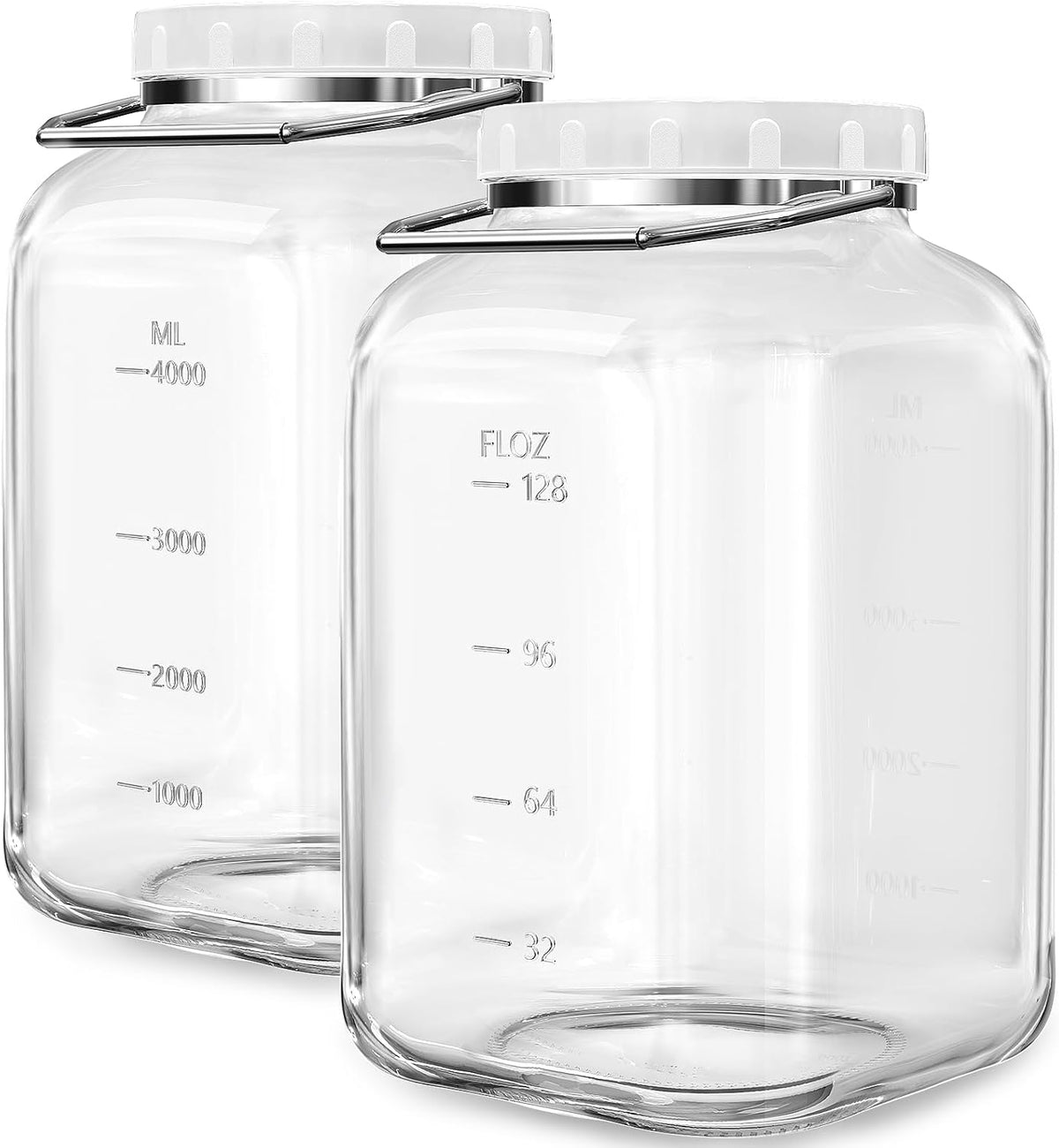 2 Pack Wide Mouth 1 Gallon Clear Glass Jar with Lid, Heavy Duty Airtight Screw Lid with Silicone Gasket - Large Mason Jar with 2 Scale Mark for Fermenting Kombucha and Storing Food(Extra 2 Gaskets)