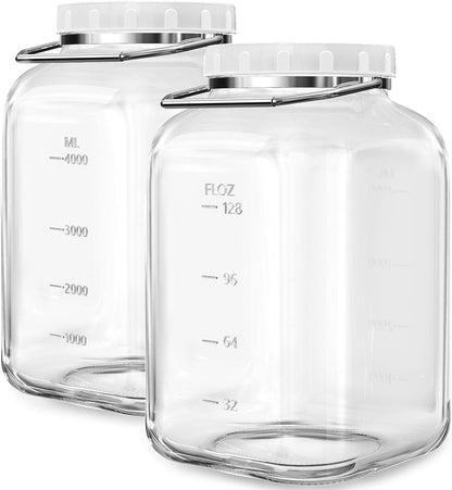 2 Pack Wide Mouth 1 Gallon Clear Glass Jar with Lid, Heavy Duty Airtight Screw Lid with Silicone Gasket - Large Mason Jar with 2 Scale Mark for Fermenting Kombucha and Storing Food(Extra 2 Gaskets)