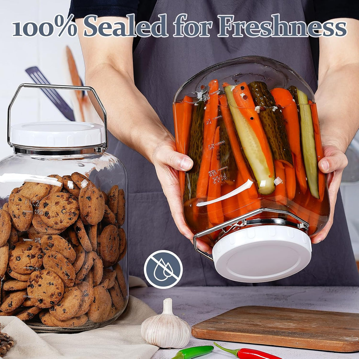 2 Pack Wide Mouth 1 Gallon Clear Glass Jar with Lid, Heavy Duty Airtight Screw Lid with Silicone Gasket - Large Mason Jar with 2 Scale Mark for Fermenting Kombucha and Storing Food(Extra 2 Gaskets)