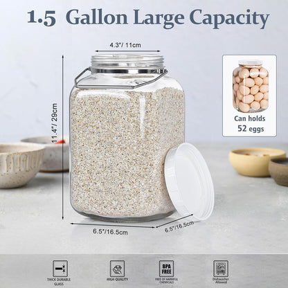 2 Pack Wide Mouth 1 Gallon Clear Glass Jar with Lid, Heavy Duty Airtight Screw Lid with Silicone Gasket - Large Mason Jar with 2 Scale Mark for Fermenting Kombucha and Storing Food(Extra 2 Gaskets)