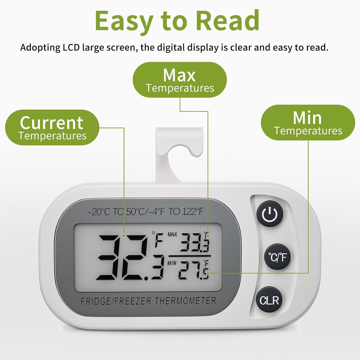 Digital Frigerator Thermometer 2 Pack, Waterproof Fridge and Freezer Thermometer, Thermometer Refrigerator with Large LCD Screen, Stand and Magnetic Back, for Room,Kitchen(White)