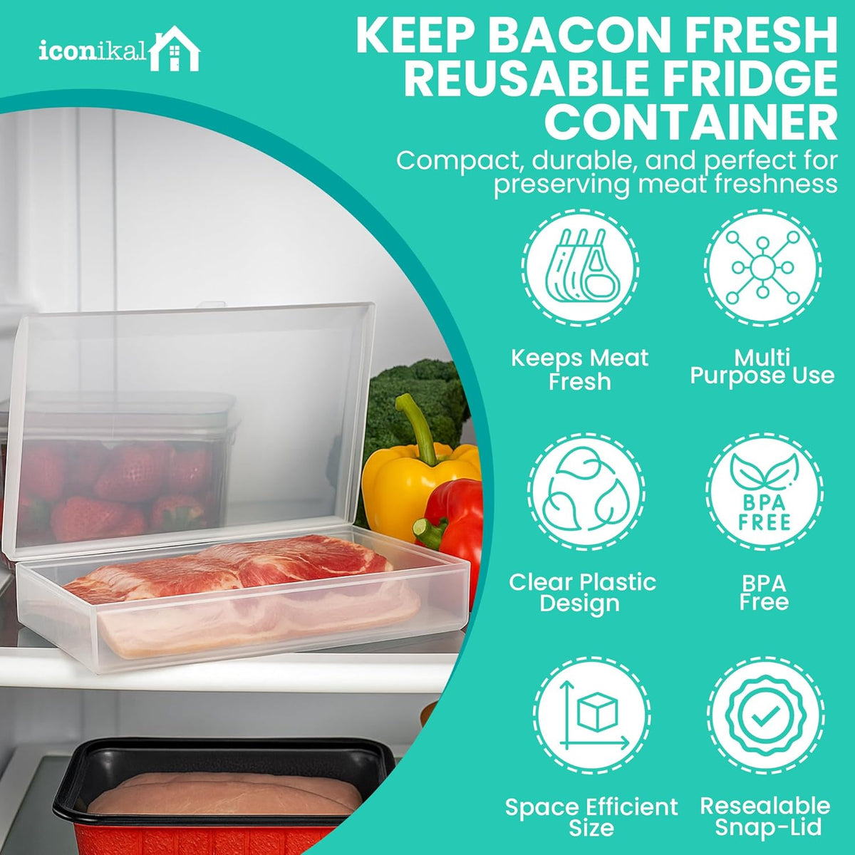 Bacon Saver Deli Meat Storage Container 1-lb Capacity 11x6.5-Inch Snap-Tight Clear Lid Dishwasher Safe Food-Safe Fridge Organizer