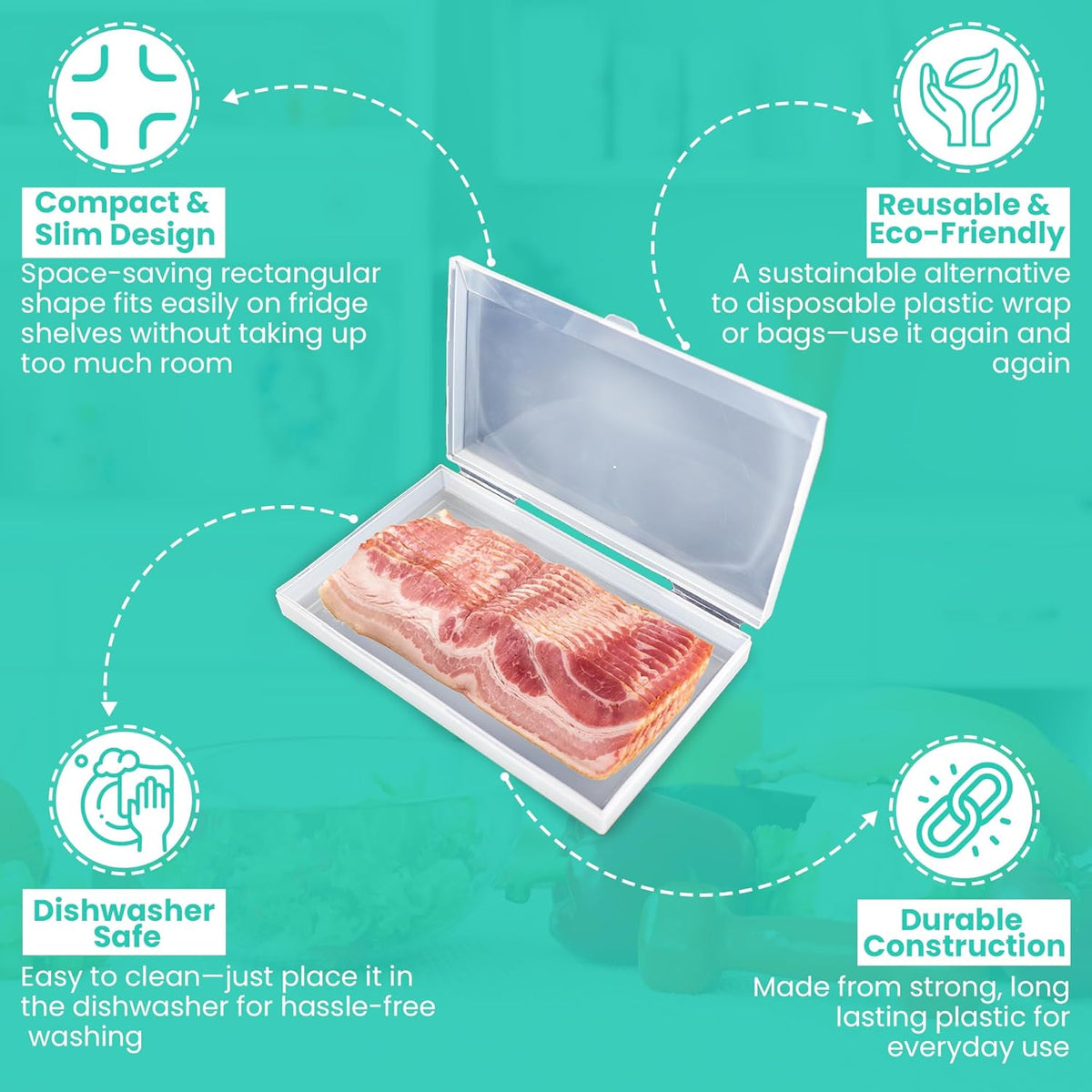 Bacon Saver Deli Meat Storage Container 1-lb Capacity 11x6.5-Inch Snap-Tight Clear Lid Dishwasher Safe Food-Safe Fridge Organizer
