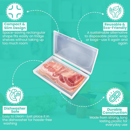 Bacon Saver Deli Meat Storage Container 1-lb Capacity 11x6.5-Inch Snap-Tight Clear Lid Dishwasher Safe Food-Safe Fridge Organizer