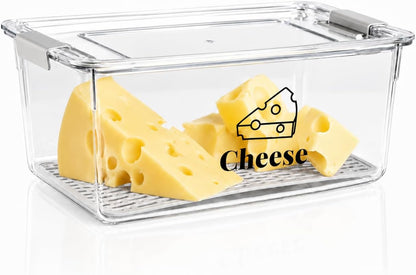 Cheese Container Airtight with Draining Basket Cream Cheese Sliced Cheeses Box with Lid Saver for Fridge Cheeses Keeper Cream Block Shredded Storage Box Saver (Clear)