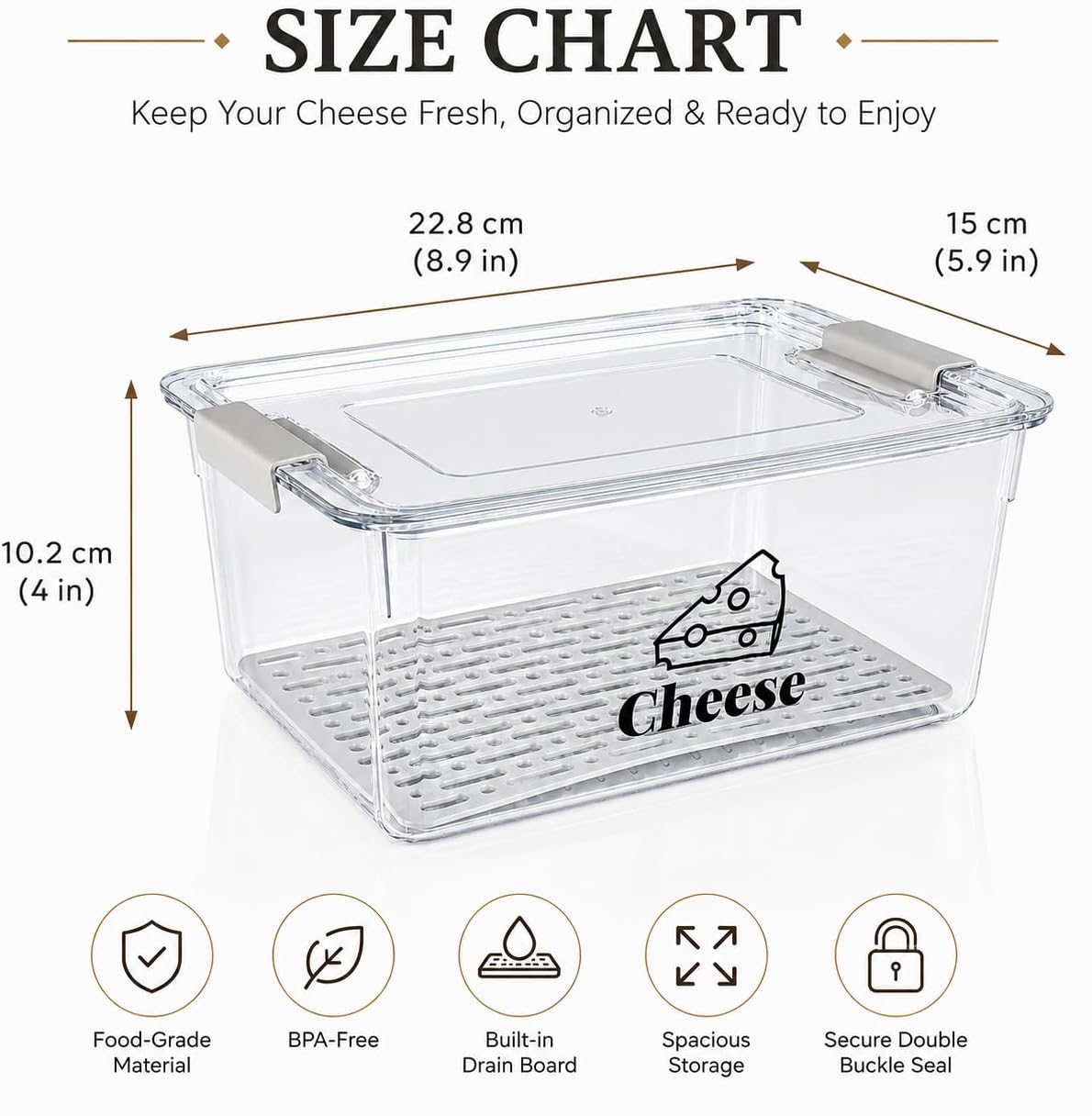 Cheese Container Airtight with Draining Basket Cream Cheese Sliced Cheeses Box with Lid Saver for Fridge Cheeses Keeper Cream Block Shredded Storage Box Saver (Clear)
