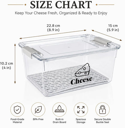 Cheese Container Airtight with Draining Basket Cream Cheese Sliced Cheeses Box with Lid Saver for Fridge Cheeses Keeper Cream Block Shredded Storage Box Saver (Clear)