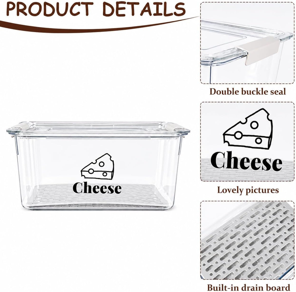 Cheese Container Airtight with Draining Basket Cream Cheese Sliced Cheeses Box with Lid Saver for Fridge Cheeses Keeper Cream Block Shredded Storage Box Saver (Clear)