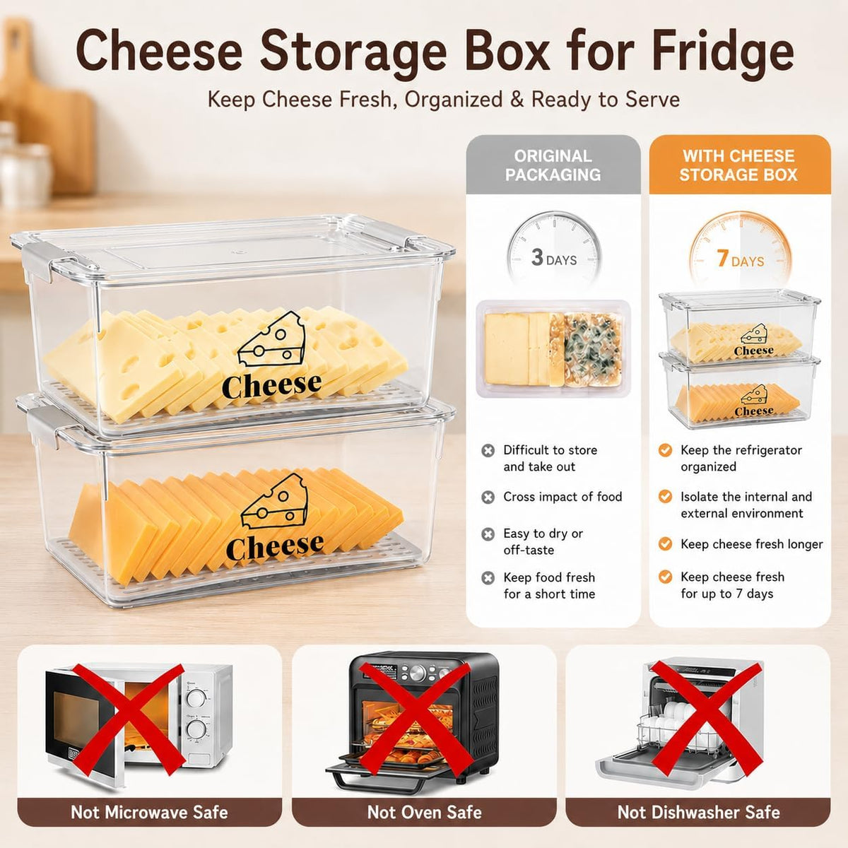 Cheese Container Airtight with Draining Basket Cream Cheese Sliced Cheeses Box with Lid Saver for Fridge Cheeses Keeper Cream Block Shredded Storage Box Saver (Clear)