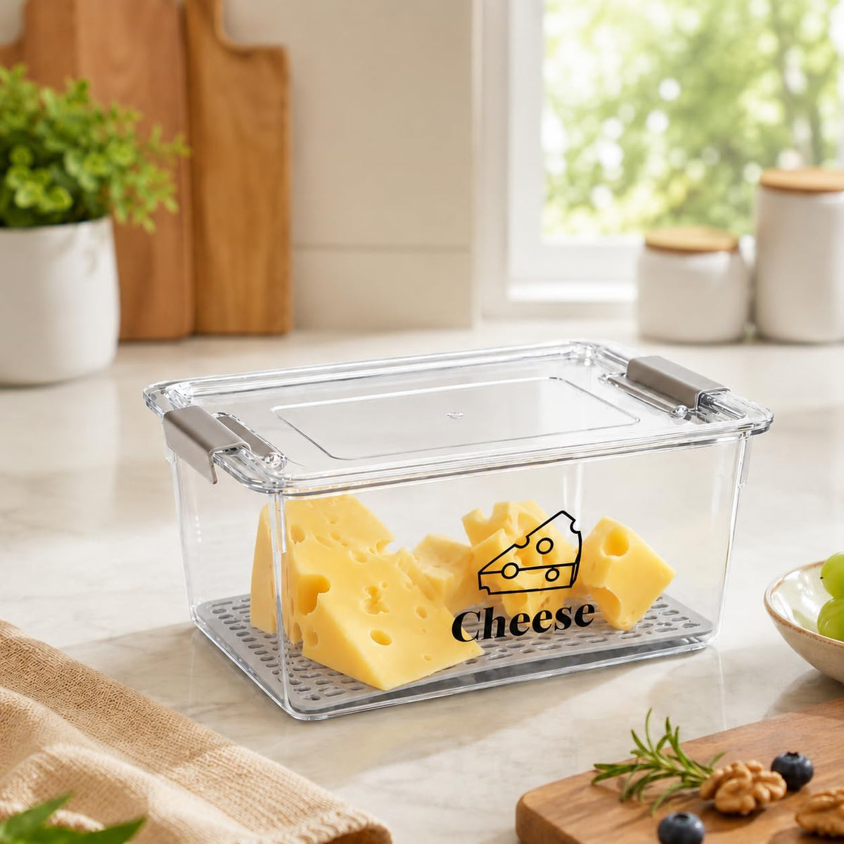 Cheese Container Airtight with Draining Basket Cream Cheese Sliced Cheeses Box with Lid Saver for Fridge Cheeses Keeper Cream Block Shredded Storage Box Saver (Clear)