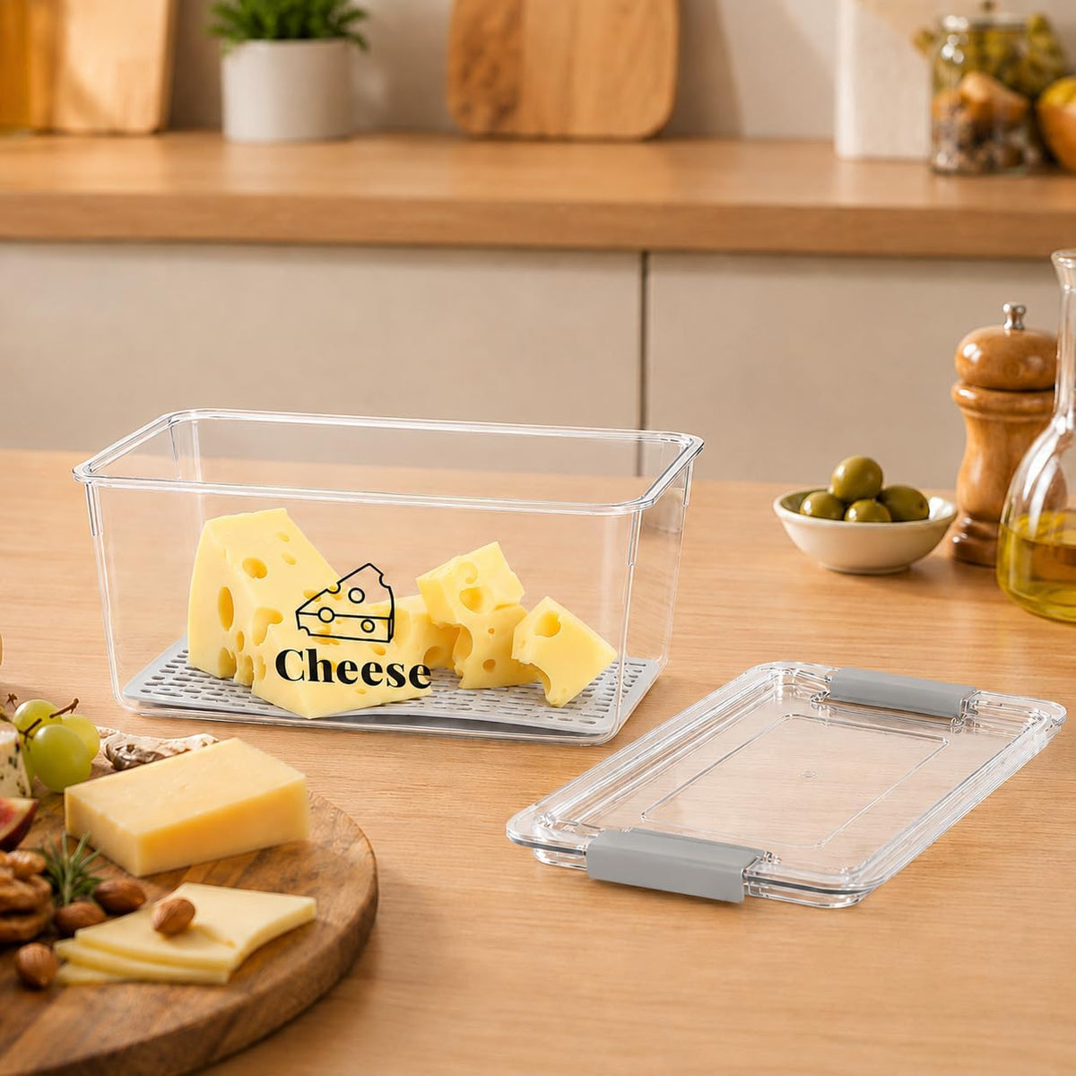 Cheese Container Airtight with Draining Basket Cream Cheese Sliced Cheeses Box with Lid Saver for Fridge Cheeses Keeper Cream Block Shredded Storage Box Saver (Clear)