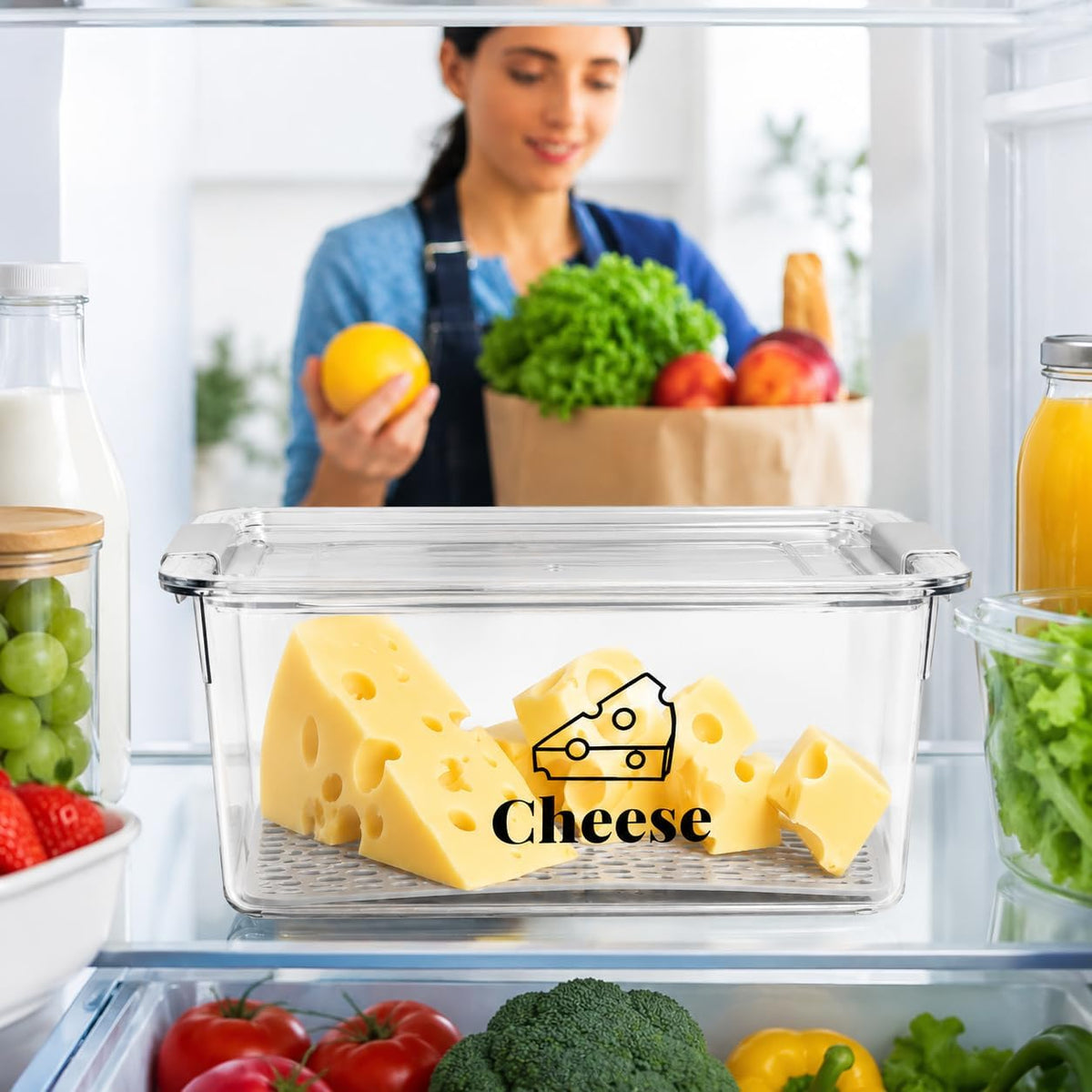 Cheese Container Airtight with Draining Basket Cream Cheese Sliced Cheeses Box with Lid Saver for Fridge Cheeses Keeper Cream Block Shredded Storage Box Saver (Clear)