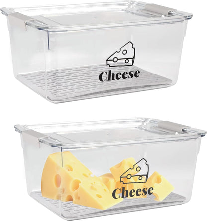 Cheese Container Airtight with Draining Basket Cream Cheese Sliced Cheeses Box with Lid Saver for Fridge Cheeses Keeper Cream Block Shredded Storage Box Saver (Clear)