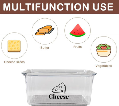 Cheese Container Airtight with Draining Basket Cream Cheese Sliced Cheeses Box with Lid Saver for Fridge Cheeses Keeper Cream Block Shredded Storage Box Saver (Clear)