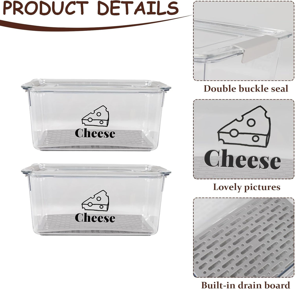 Cheese Container Airtight with Draining Basket Cream Cheese Sliced Cheeses Box with Lid Saver for Fridge Cheeses Keeper Cream Block Shredded Storage Box Saver (Clear)