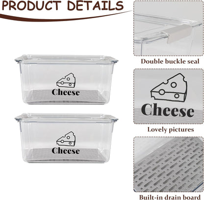 Cheese Container Airtight with Draining Basket Cream Cheese Sliced Cheeses Box with Lid Saver for Fridge Cheeses Keeper Cream Block Shredded Storage Box Saver (Clear)