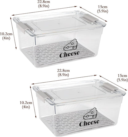 Cheese Container Airtight with Draining Basket Cream Cheese Sliced Cheeses Box with Lid Saver for Fridge Cheeses Keeper Cream Block Shredded Storage Box Saver (Clear)