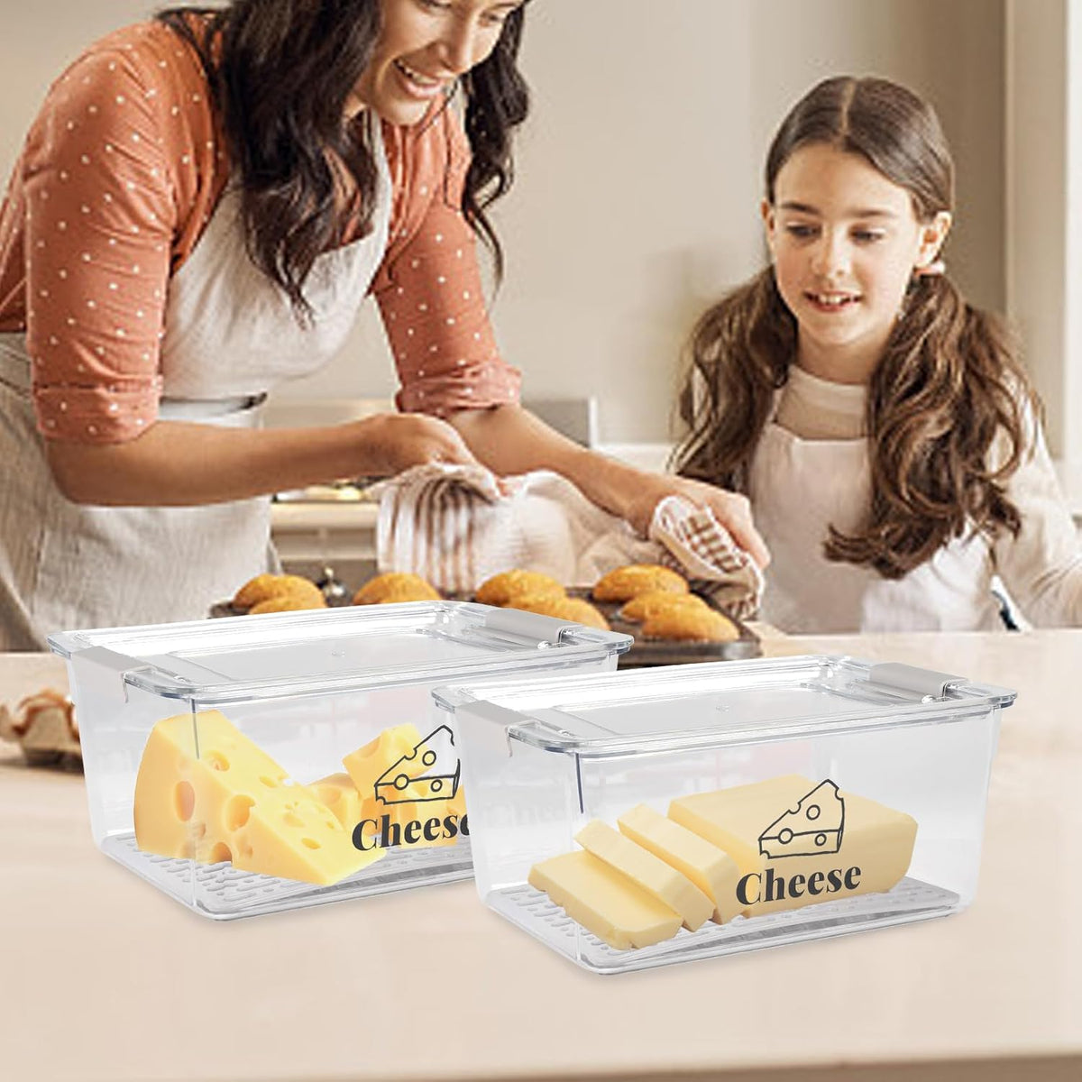 Cheese Container Airtight with Draining Basket Cream Cheese Sliced Cheeses Box with Lid Saver for Fridge Cheeses Keeper Cream Block Shredded Storage Box Saver (Clear)