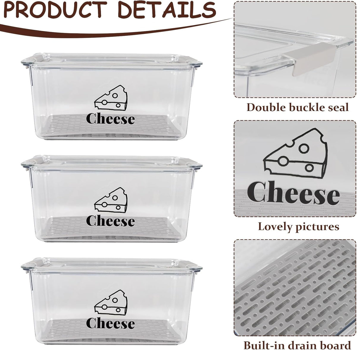 Cheese Container Airtight with Draining Basket Cream Cheese Sliced Cheeses Box with Lid Saver for Fridge Cheeses Keeper Cream Block Shredded Storage Box Saver (Clear)