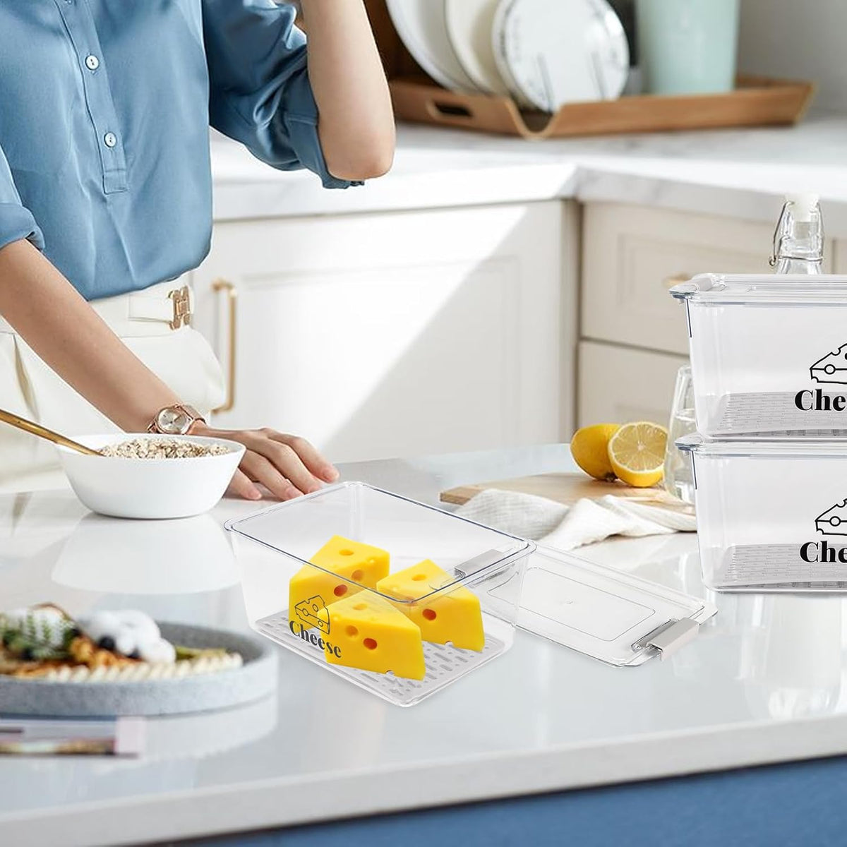 Cheese Container Airtight with Draining Basket Cream Cheese Sliced Cheeses Box with Lid Saver for Fridge Cheeses Keeper Cream Block Shredded Storage Box Saver (Clear)